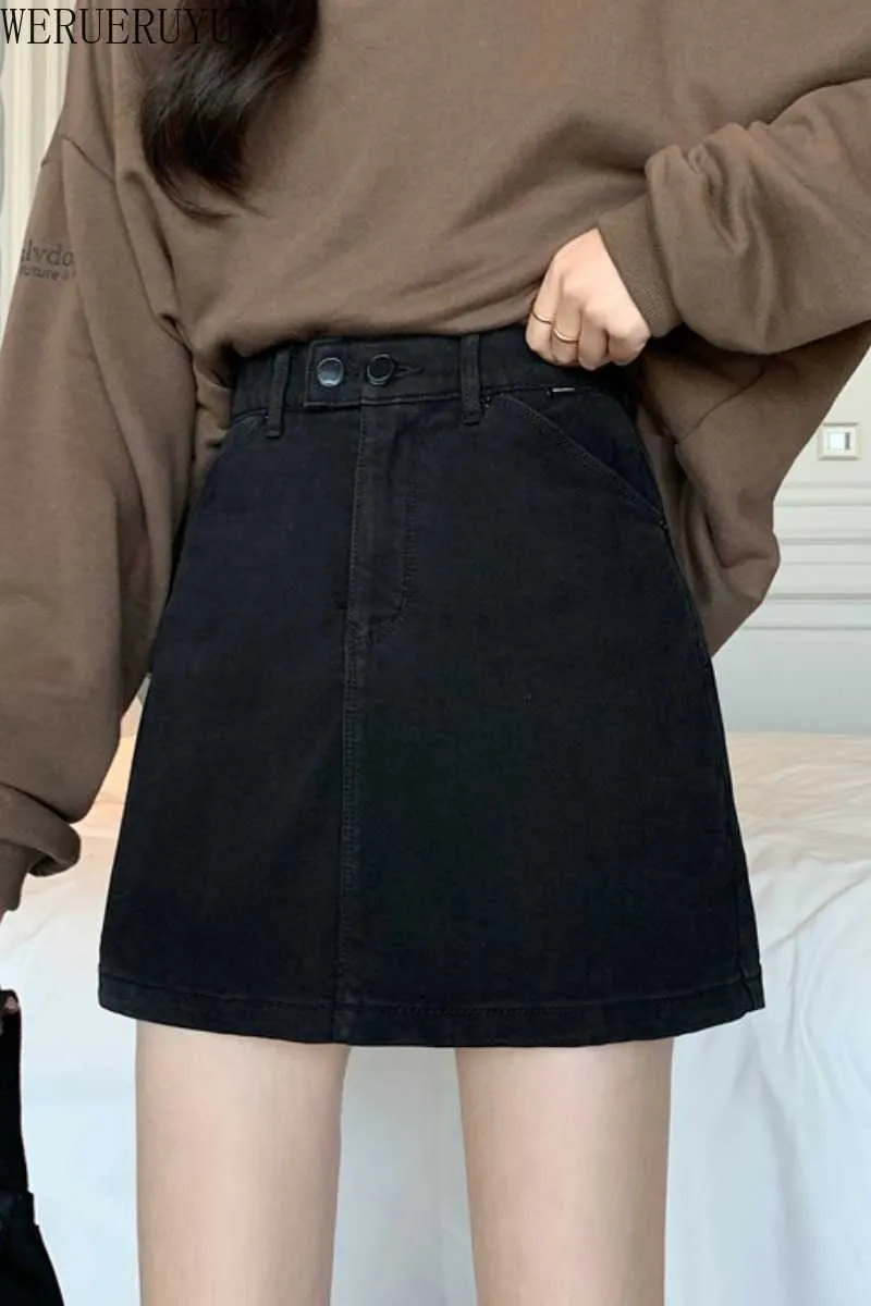 Werueruyu Denim Spódnica Jesienna i zimowa Dżinsy Spódnica Kobiety Vintage Wysoka Talia Slim Denim Spódnica Kieszonkowy Eleganckie Mini Spódnice 210608