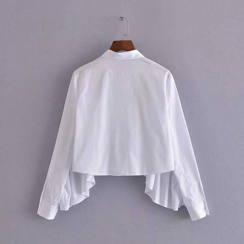 ZA Ruffle Poplin White Cropped Shirt Women Long Sleeve Lapel Collar Vintage Top Feminine Fashion Soft Front Button Blouse 210602