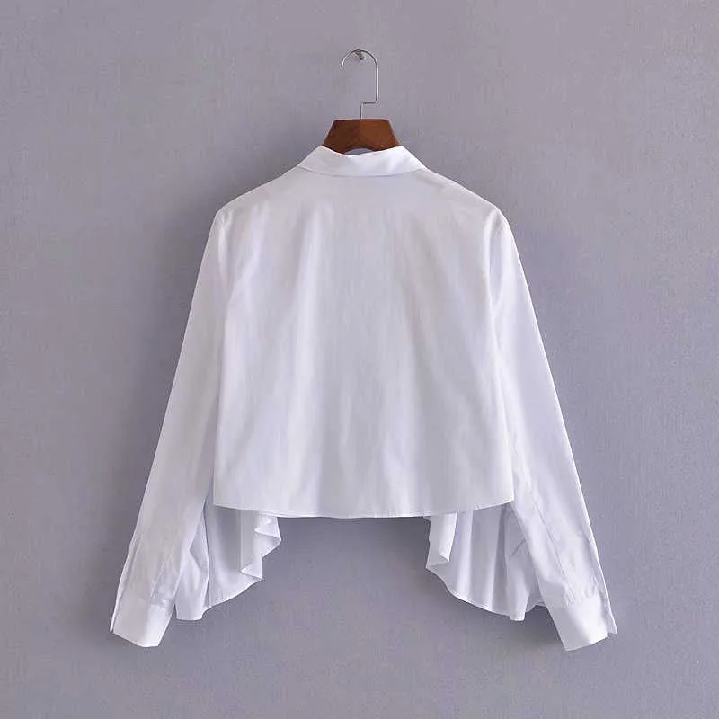 Za wzburzyć poplin biały przycięta koszula kobiety z długim rękawem Lapel kołnierz Vintage Top Feminine Fashion Soft Front Button Bluzka 210602