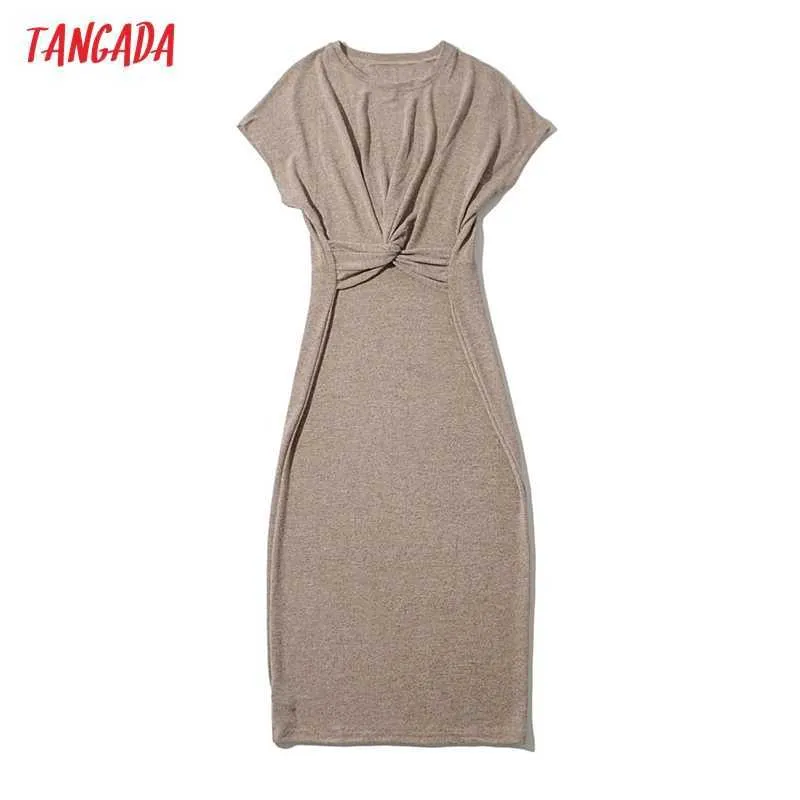 Tangada Mode Femmes Solide Élégant Arc Robe En Tricot À Manches Courtes O Cou Dames Robe Midi 2LK16 210609