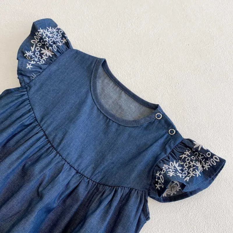 Été bébé fille body couleur unie broderie manches denim combinaison né mignon style enfants vêtements E2459 210610