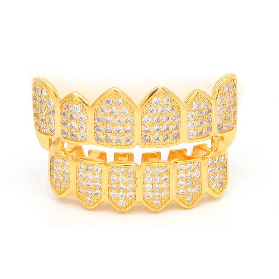 Nya Diamond Grills 18kt Gold Plated Fullt Iced Out Micro Pave CZ Top and Bottom Face Mouth Grills for Vampire Teeth Cosplay Hip HO3803448