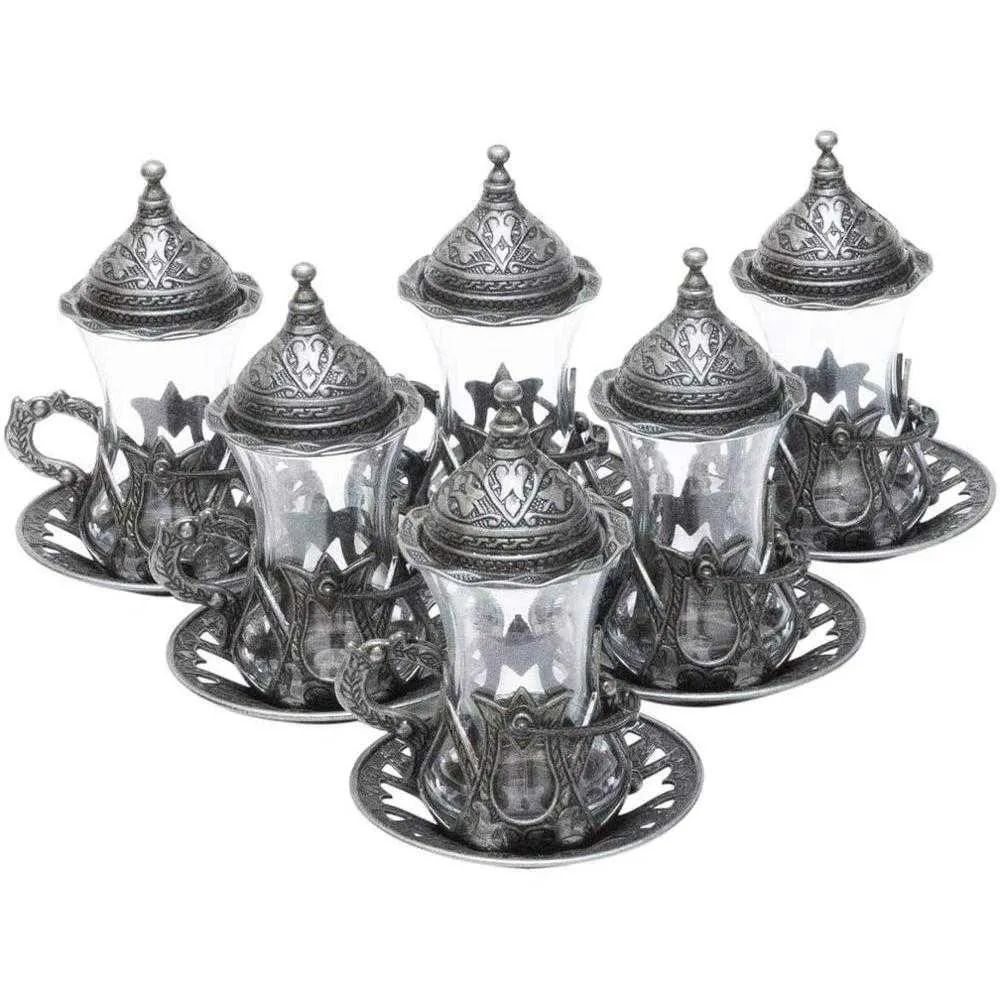 Ottoman Authentic Design Turkish Greek Arabic Tea Set 6 Service Tea Cup Plates & Lids gift298l