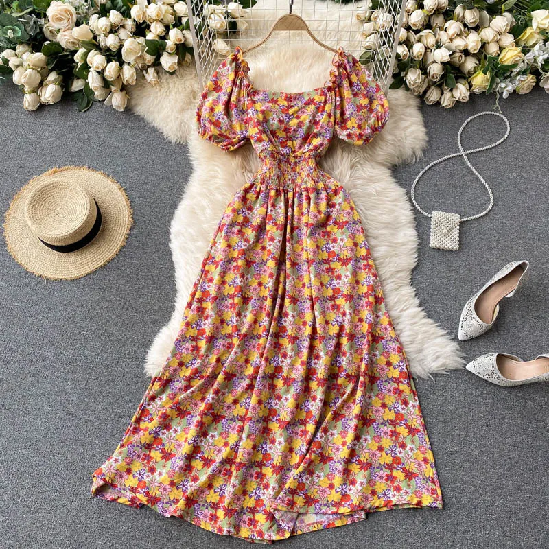 Sommar Kvinnors Sundress Chiffon Boho Klänning Koreanska Kläder Puff Sleeve Midja Slimming Print Maxi Beach Femme Robe 210514