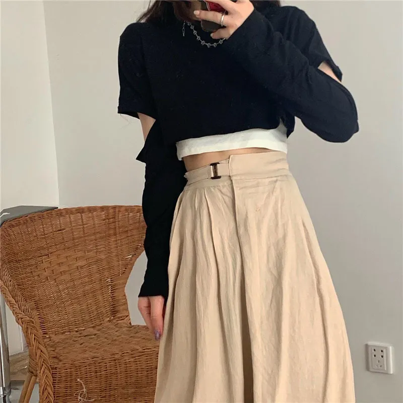 Women's Early Autumn Tops Korean Sling Open Long Sleeve Two-piece High Waist Wide Legs Casual Mopping Pants Set GX269 210507