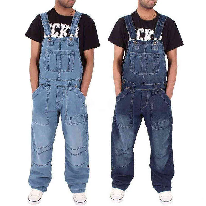 Style Men Baggy Jeans Suspender Pants Fashion Multi-pockets Loose Denim Trousers Jumpsuit Bib Pants Pocket Overalls S-5XL 211120