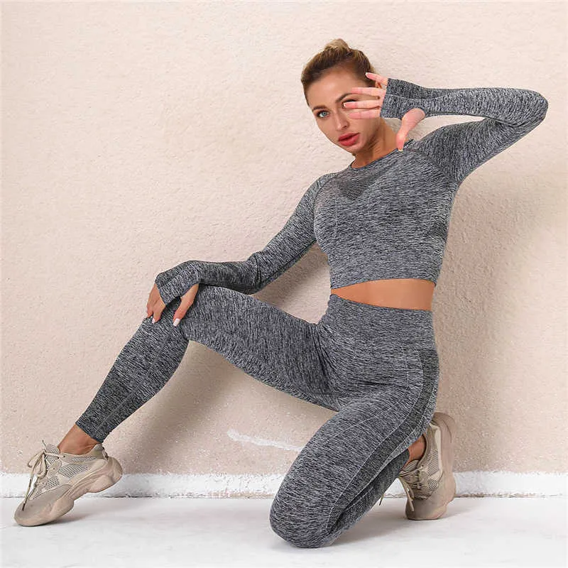 Hamidou Women Energy Seamless Sets Gym Suits Long Sleeve Top+Push Up Leggings High Waist Pants Running Yoga 210802
