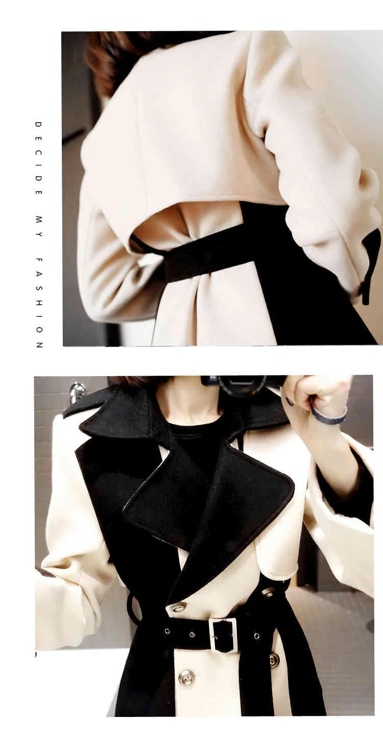 冬のウールのカラーブロックロングジャケットコート女性スリーブターンダウンカラーダブルブレストベルト韓国のファッション210518