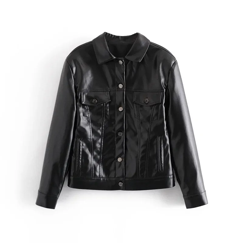 women Faux leather Collared black jacket with long sleeves Cool patch pockets metal buttons Autumn Jacket tops Vintage 210520