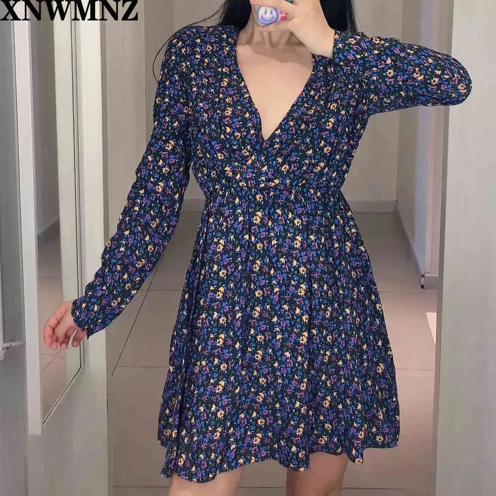 women printed dress with shoulder pads Short surplice neckline Long sleeves invisible zips Elastic waist 0003313 210520