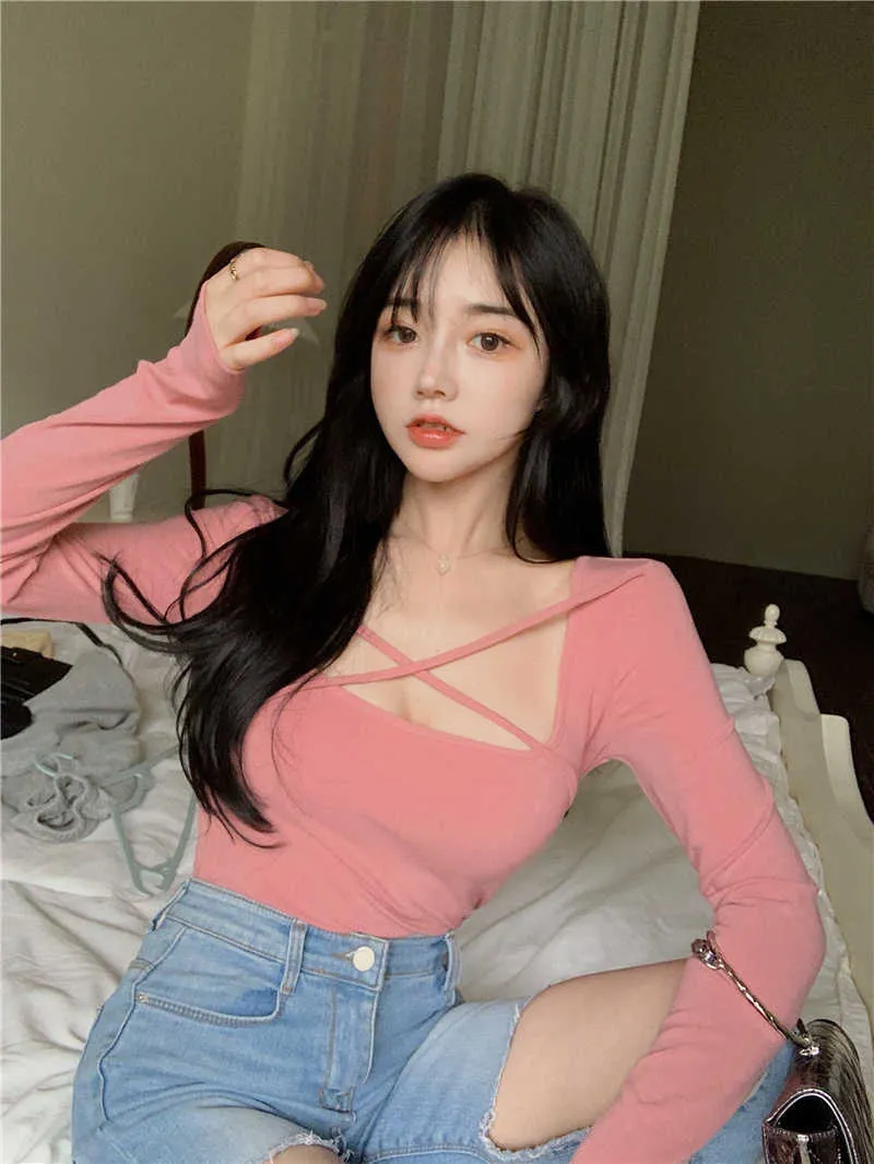 니트 티셔츠 여성 봄 여름 탑 얇은 크로스 스퀘어 넥 섹시한 꽉 짧은 바닥 셔츠 핑크 긴 소매 티셔츠 QY74 210603