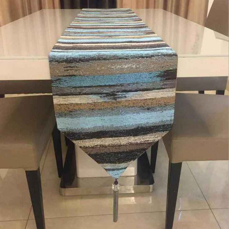 Fyjafon Table Runner Poliéster moderno S Colorful Strips Cama de decoração 32 * 210 azul / dourado 210628