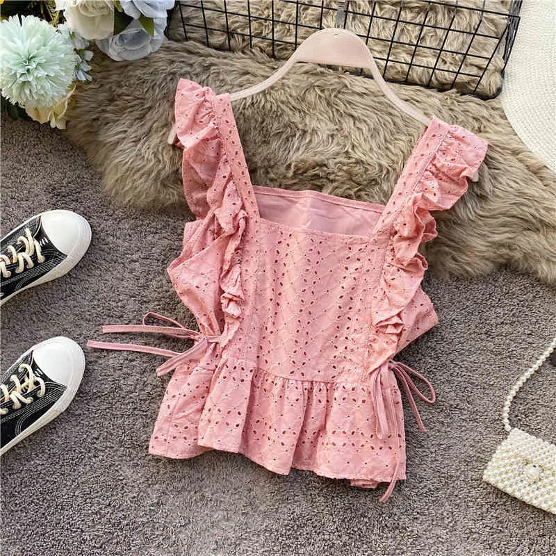 Women's Sleeveless Shirt Summer Korean Hollow Lace Slim Short High Waist Ruffled Lacing Tops ML802 210506