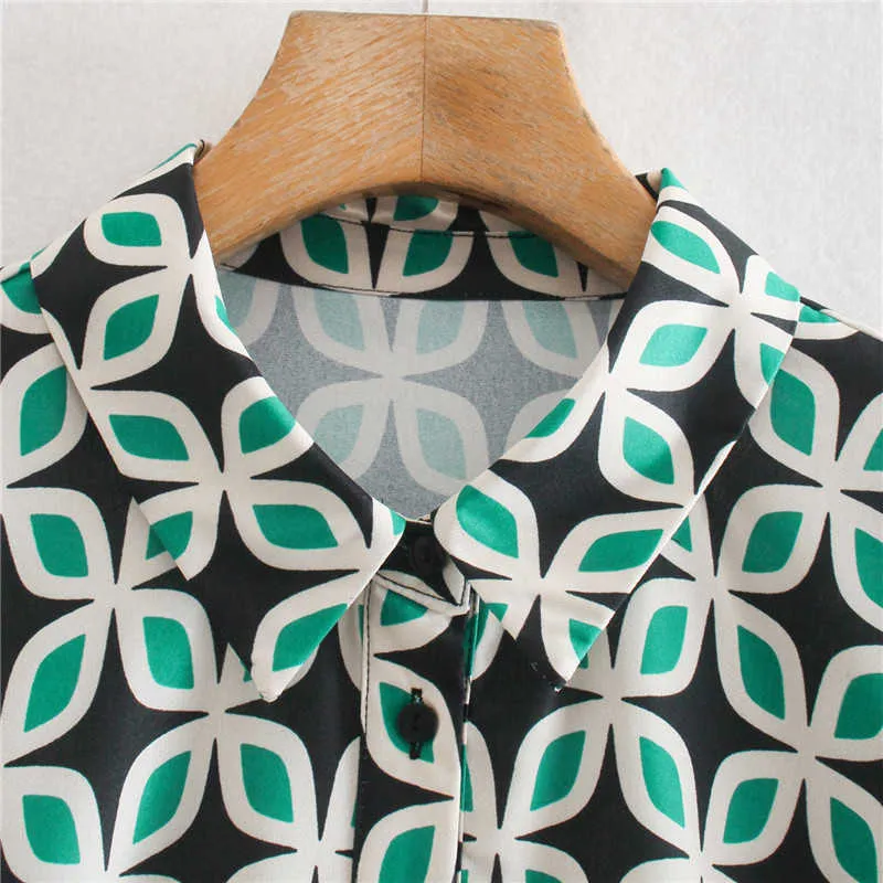 Za Stampa Cintura Verde Mini Abito Donna Vintage Camicia a maniche lunghe Abiti Donna Moda Bottone frontale Abiti estivi 210602