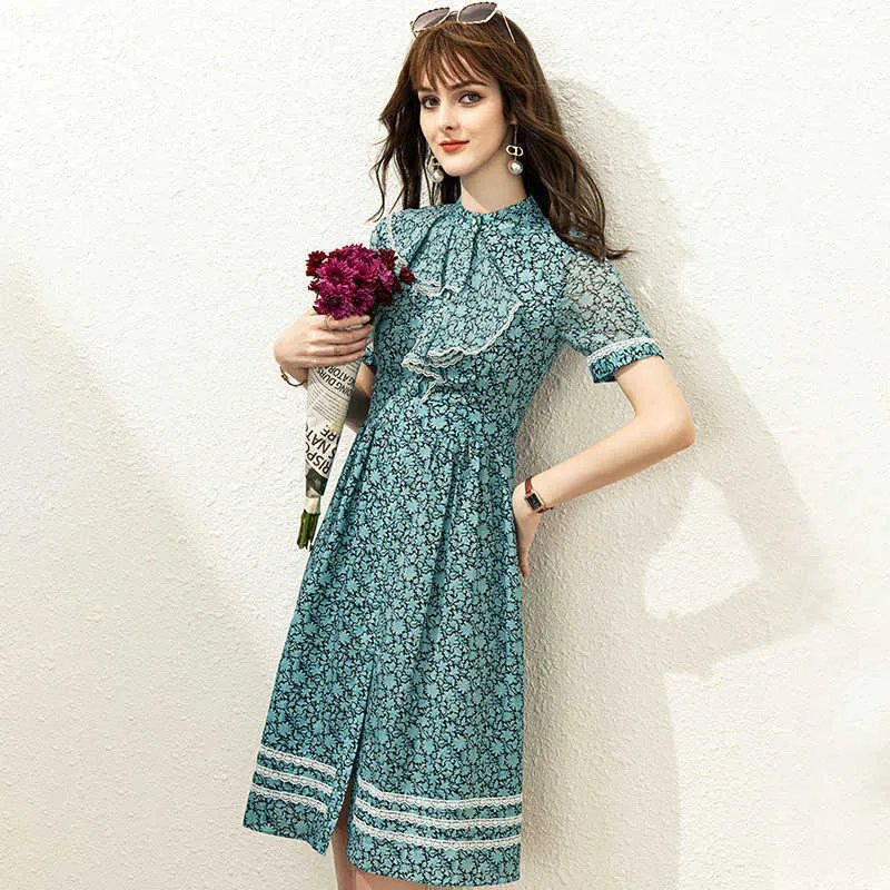 夏のデザイナー半袖フリルパッチワークフローラル女性シフォンドレスエレガントなMidi Boho Beach Robe Femme Holiday Vestidos 210601