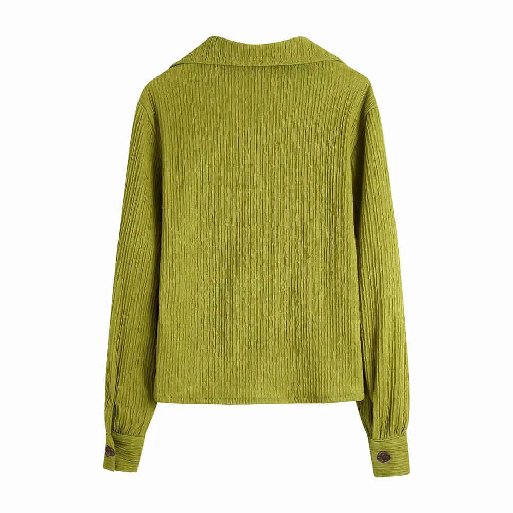 Fashion Button-up Pleated Blouses Women Green Vintage Lapel Collar Long Sleeve Female Shirts Blusas Chic Tops 210520