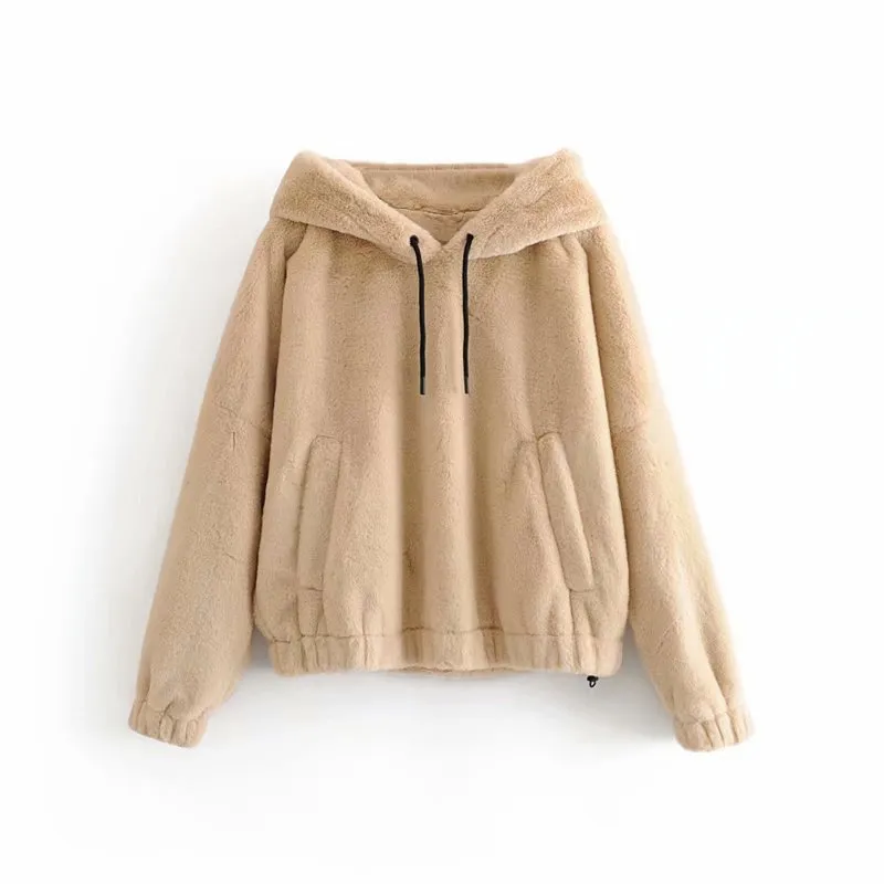 Causal Women Solid Faux Fur Hoodies Winter Fashion Ladies Hooded Loose Tops Streetwear Chic Female Soft Warm Thick 210427