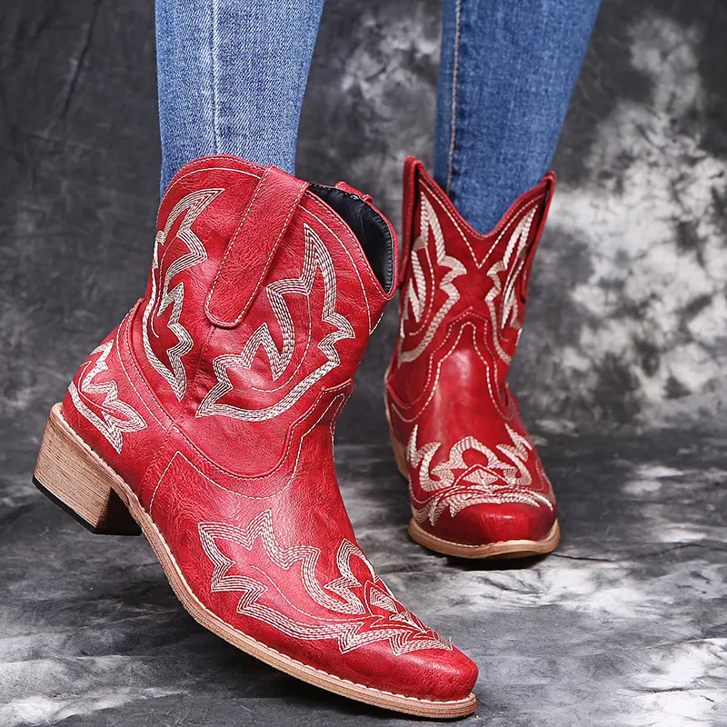 Femmes Western Boot Hiver Moyen Tube Chevalier Dame Rétro Rome Slip-On Chaussures En Cuir À Talons Bas Large Mi-mollet Cowboy Botas Drop Ship