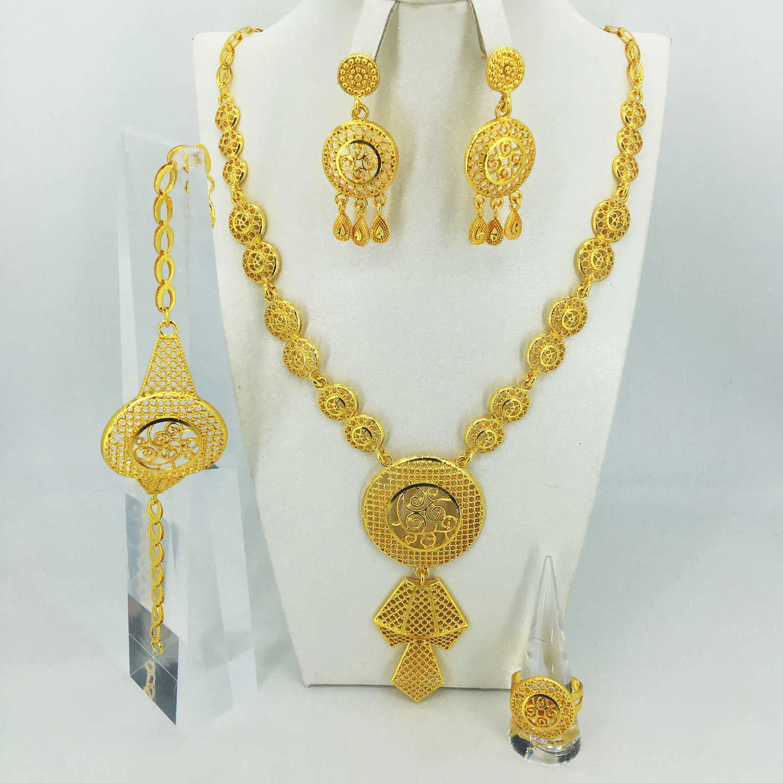 Mode bröllop brud kristall smycken sätter afrikanska pärlor dubai guld färg uttalande smycken kostym 211015