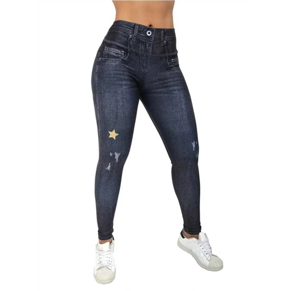 Femmes Leggings Skinny Stretchy Pantalons Pantalons de survêtement Denim Print Star Design Pantalons Casual Printemps Été Jeggings Pas Jeans 210925