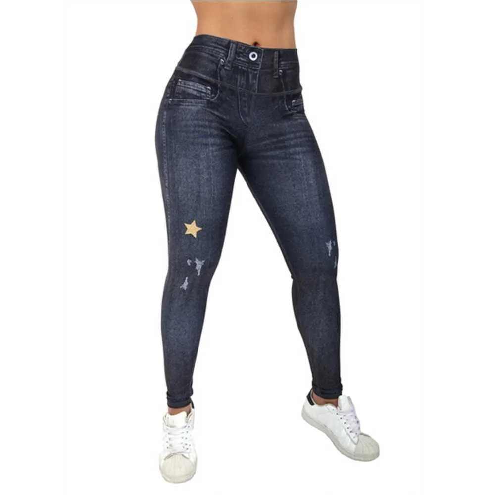 Vrouwen Leggings Skinny Stretchy Broek Sweatpants Denim Print Star Design Broek Casual Lente Zomer Jeggings Not Jeans 210925