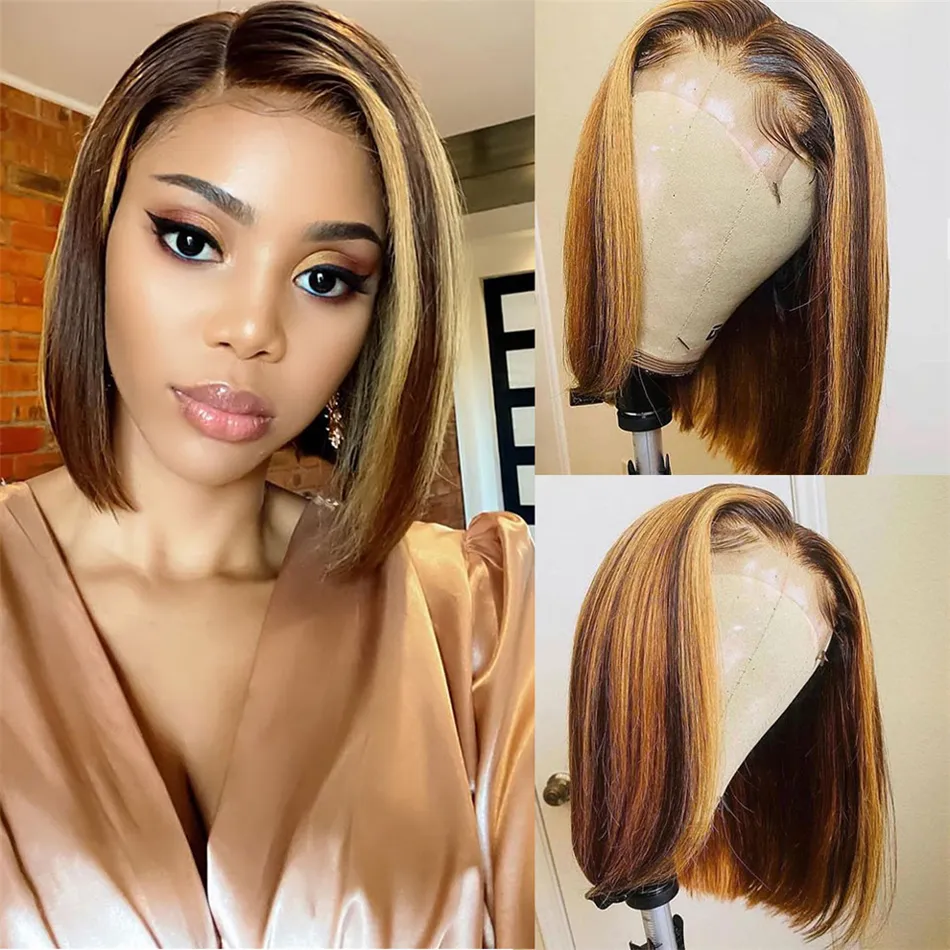 Short Bob Wig Lace Front Human Hair Wigs Brazilian 4/27 Human Hair Highlight Brown Wig For Black Women Straight Lace Front Wigfactory