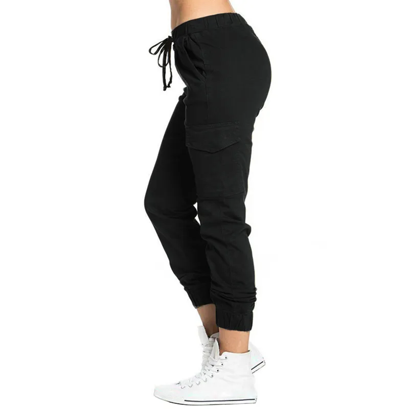 Kayotuas Cargo Pantalon Solide Automne Casual Lacets Cordon Taille Haute Taille Pantalon Fitness Survêtement Hip Hop Streetwear 210522