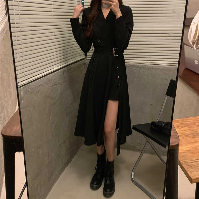 Long Sleeve Dresses Women Classy Vestidos 2020 Mujer Elegant Sashes Side Slit A-Line Charm Vintage Midi Black Empire BF Notched Y0603