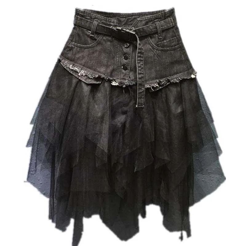 Kobiety Denim Mesh Patchwork Koronkowa Spódnica Wysoka Talia Linia Asymetryczna Falbana Tulle Gothic Chic Spódnice 210629