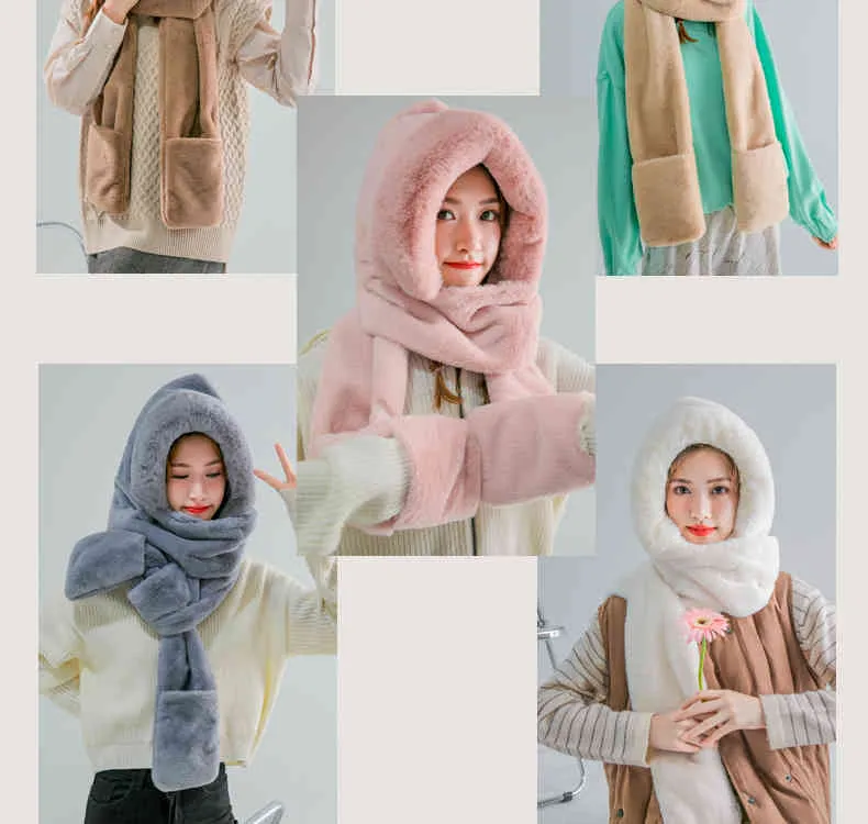 Écharpe d'hiver enveloppante pour femme pour garder la tête au chaud, ensembles de gants en fausse fourrure de lapin doux mignon chapeau à rabat pour les filles