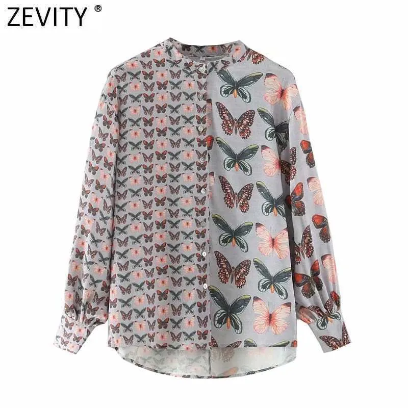 Zeefity Dames Vintage Stand Collar Butterfly Bloemen Patchwork Print Blouse Vrouwelijke Lantaarn Sleeve Shirts Chique Chemise Tops LS9132 210603