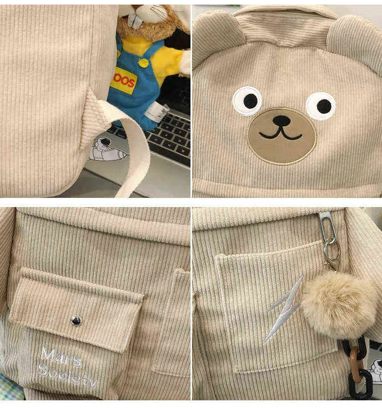 Damer söt corduroy ryggsäck kvinnlig kawaii björn broderi design resa ryggsäck mochila för kvinnor student japansk skolväska y1105