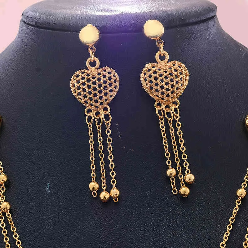 Dubai smycken sätter guld halsband örhängen uppsättning för kvinnor afrikansk hjärta Frankrike bröllopsfest 24K smycken Etiopia brudgåvor