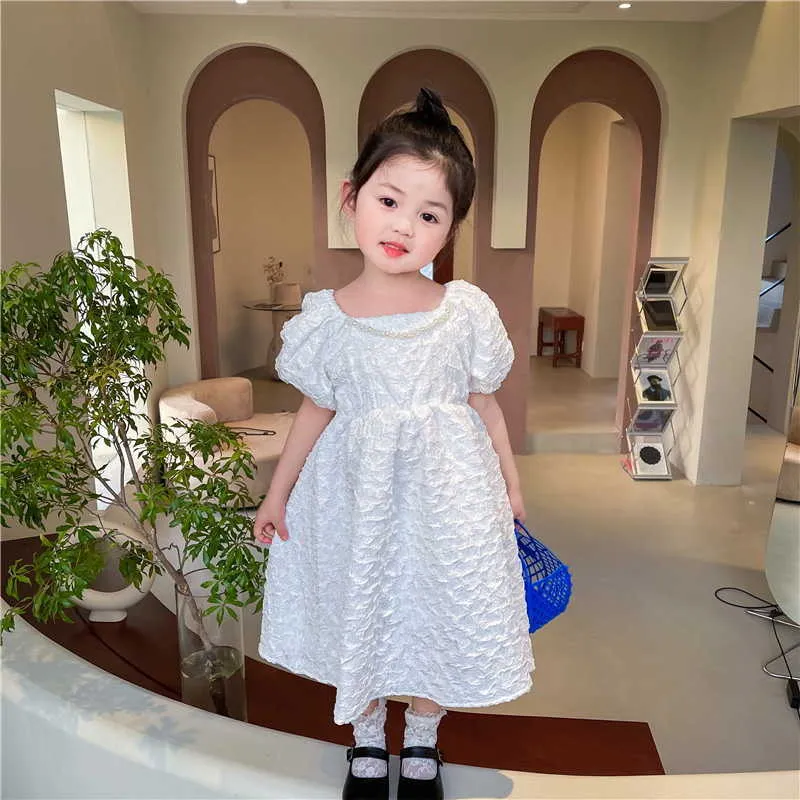 Kore Tarzı Yaz Çocuk Kız Elbise İnciler Yaka Kısa Puf Kollu Beyaz Prenses Elbiseler Çocuk Giysileri E2032 210610