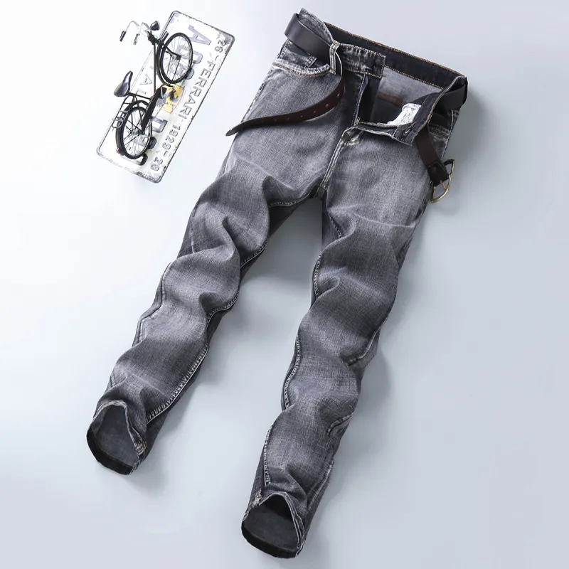 Spring Summer Men's Classic Grey Jeans Elastic Men's Stretch-fit Thin Jeans Business Casual Classic Style 210318