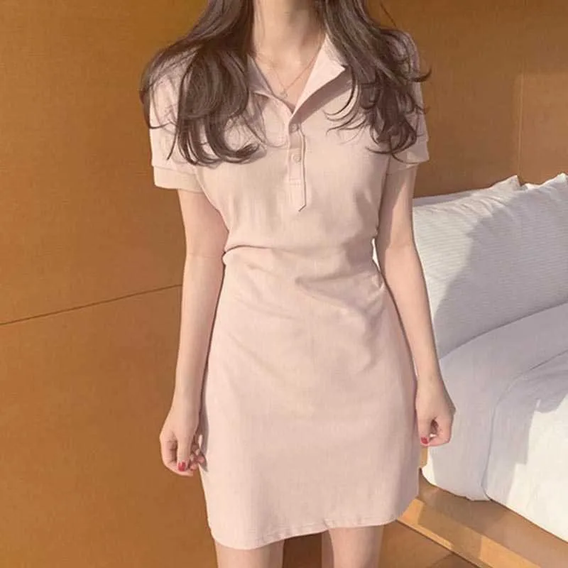 コレヒパアの女性ミニドレス夏の韓国のファッションカジュアル多彩な襟小さな胸の腰の胴体服210526