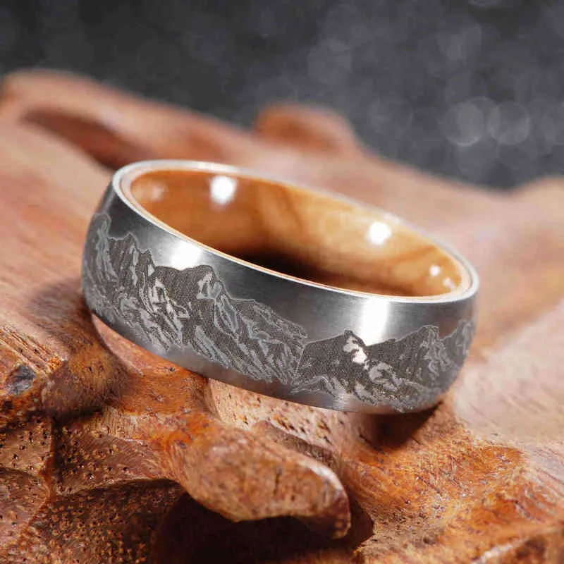 8mm Mountain Scene Ring Brushed Wooden Mens Wedding Band Olive Pure Anniversary 211217