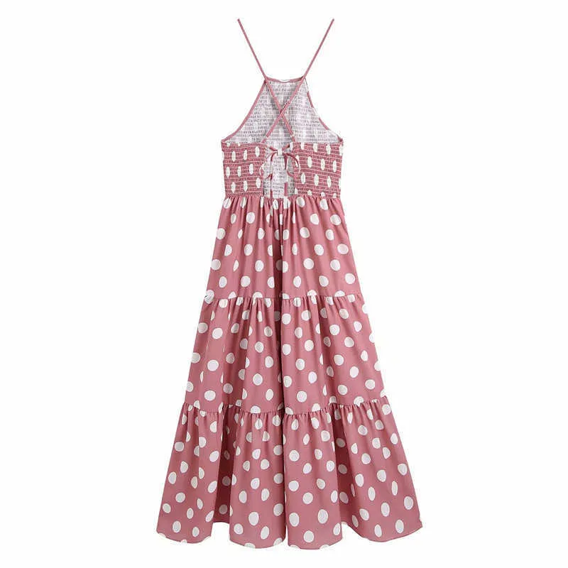 Za Women Pink Polka Dot Halter Dress Summer Sleeveless Backless Beach Straps Dress Fashion Elastic Smocked Abiti longuette pieghettati 210602