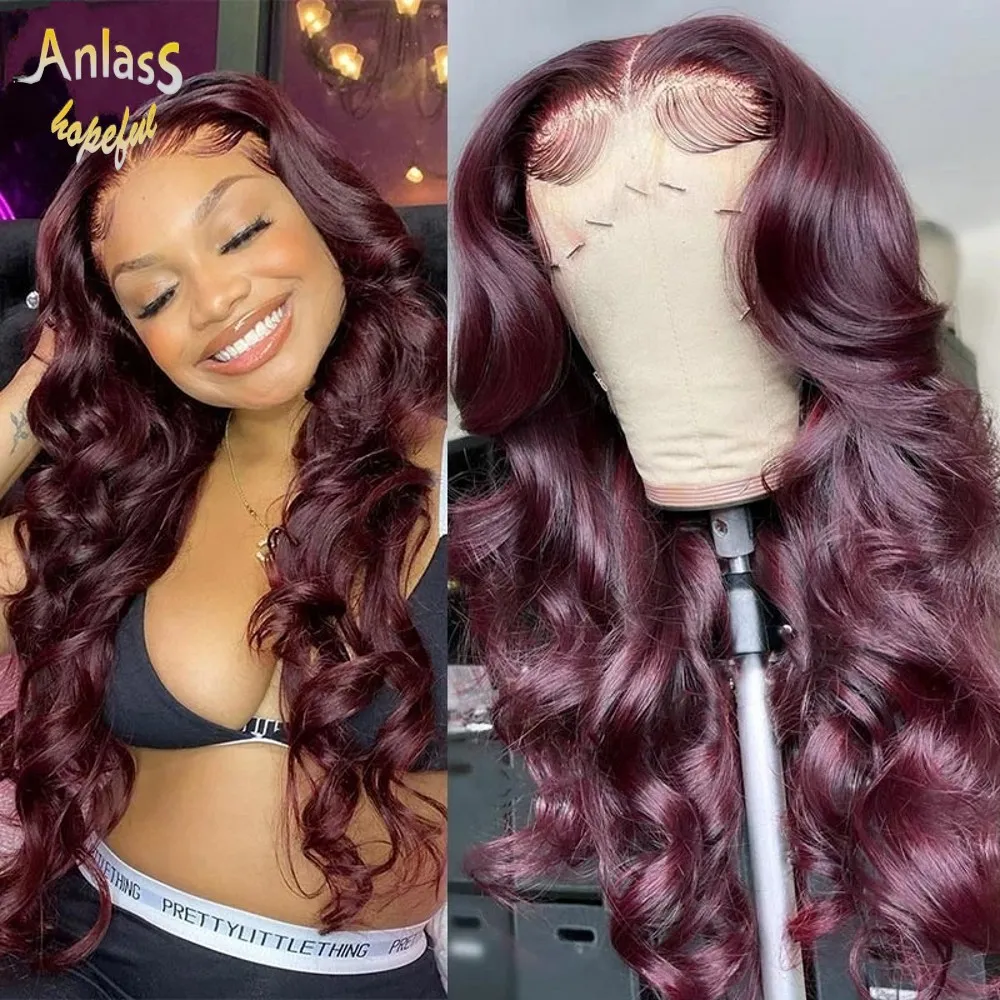 Brazilian Long Deep Wave Full Lace Front Wigs Human Hair Heat Resistant Glueless Wine Red Synthetic Wig for Black Women