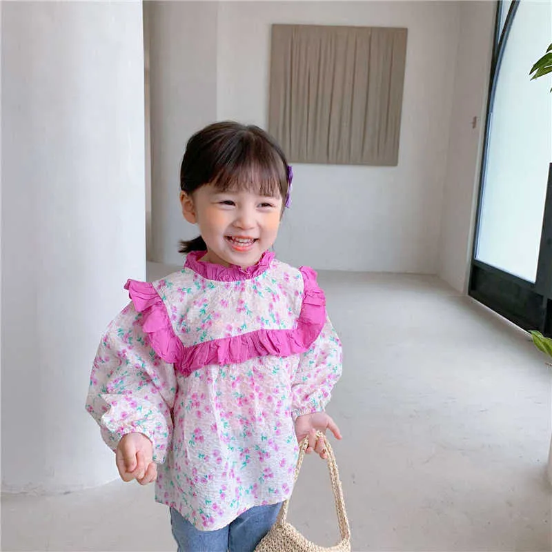 Spring Toddler Girl Cute Floral Long Sleeve Blouse Baby Girls Cotton Retro Sweet Shirts For Kids Tops 210615