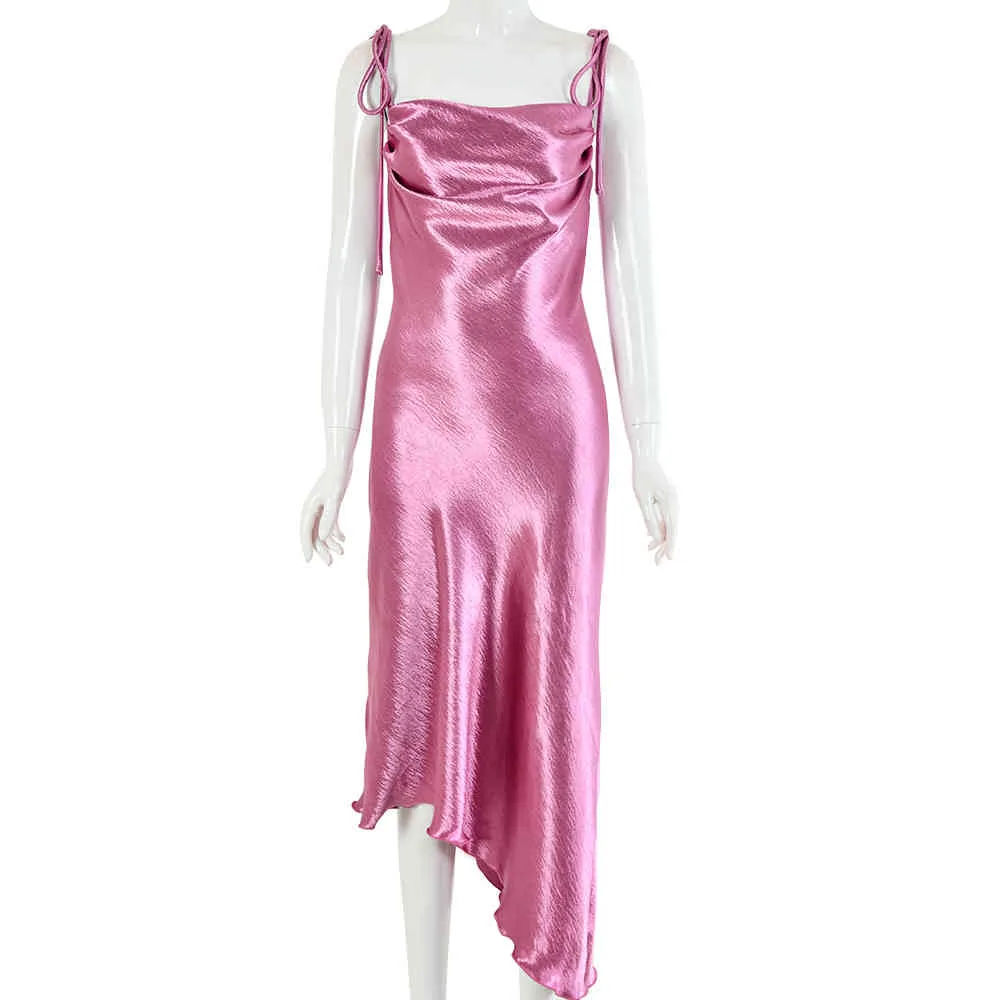 Abito da sera drappeggiato rosa Donna Asimmetrico Cinturino spaghetti Backless Volant allentati Abiti longuette Abiti senza maniche in raso sexy 210517