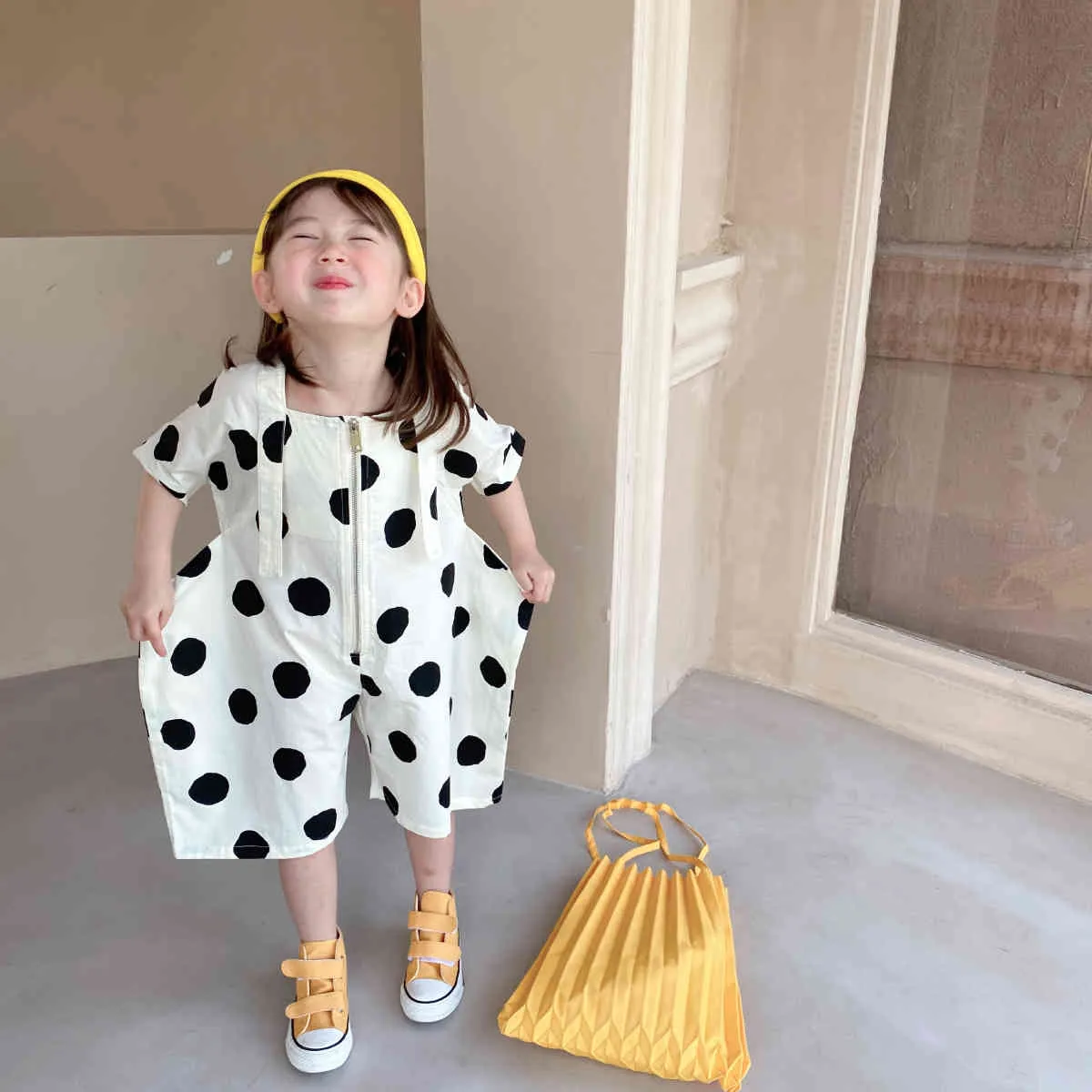 Summer fashion dot Plane shape short sleeve bodysuits Kids loose cotton wide leg jumpsuits 2-7Y 210508