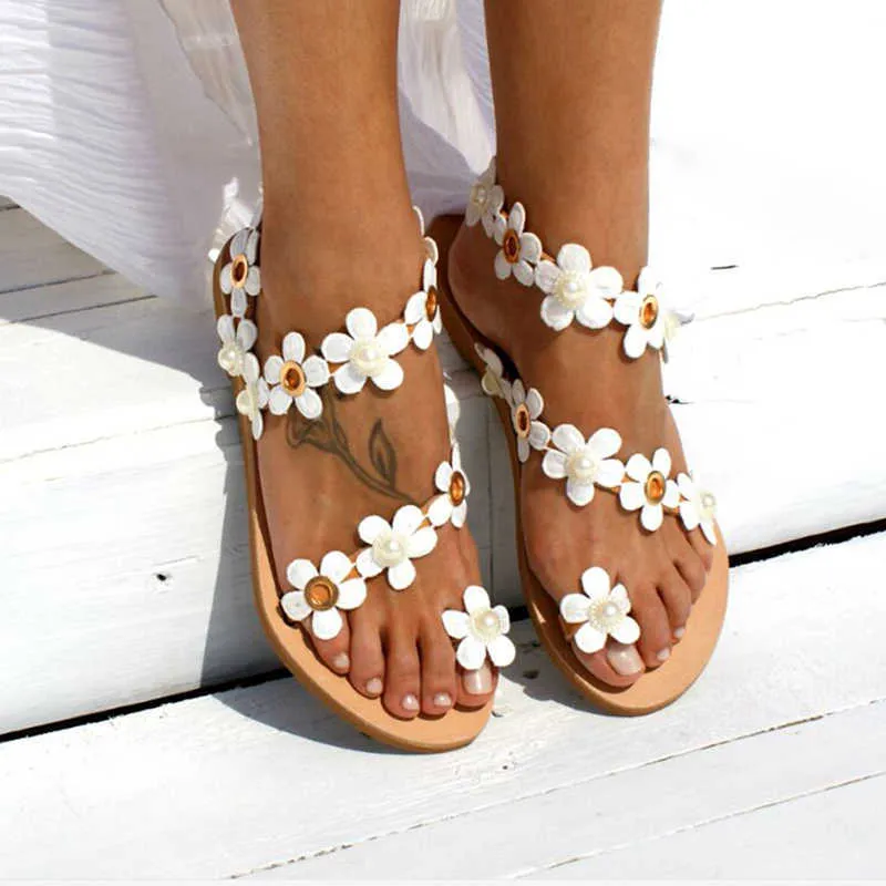 Mulheres Sandálias Boémia Estilo Sapatos de Verão para Mulheres Sandálias Plana Sapatos de Praia 2021 Flores Flip Flops Plus Size Chaussures Femme Y0721