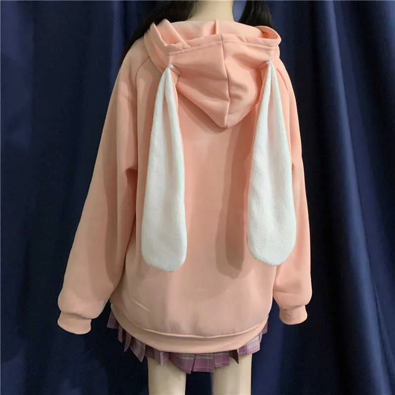 Houezhou estilo coreano mulheres hoodies primavera moda kawaii coelho orelhas moletom manga longa Bordado solto zip up hoodie 210928