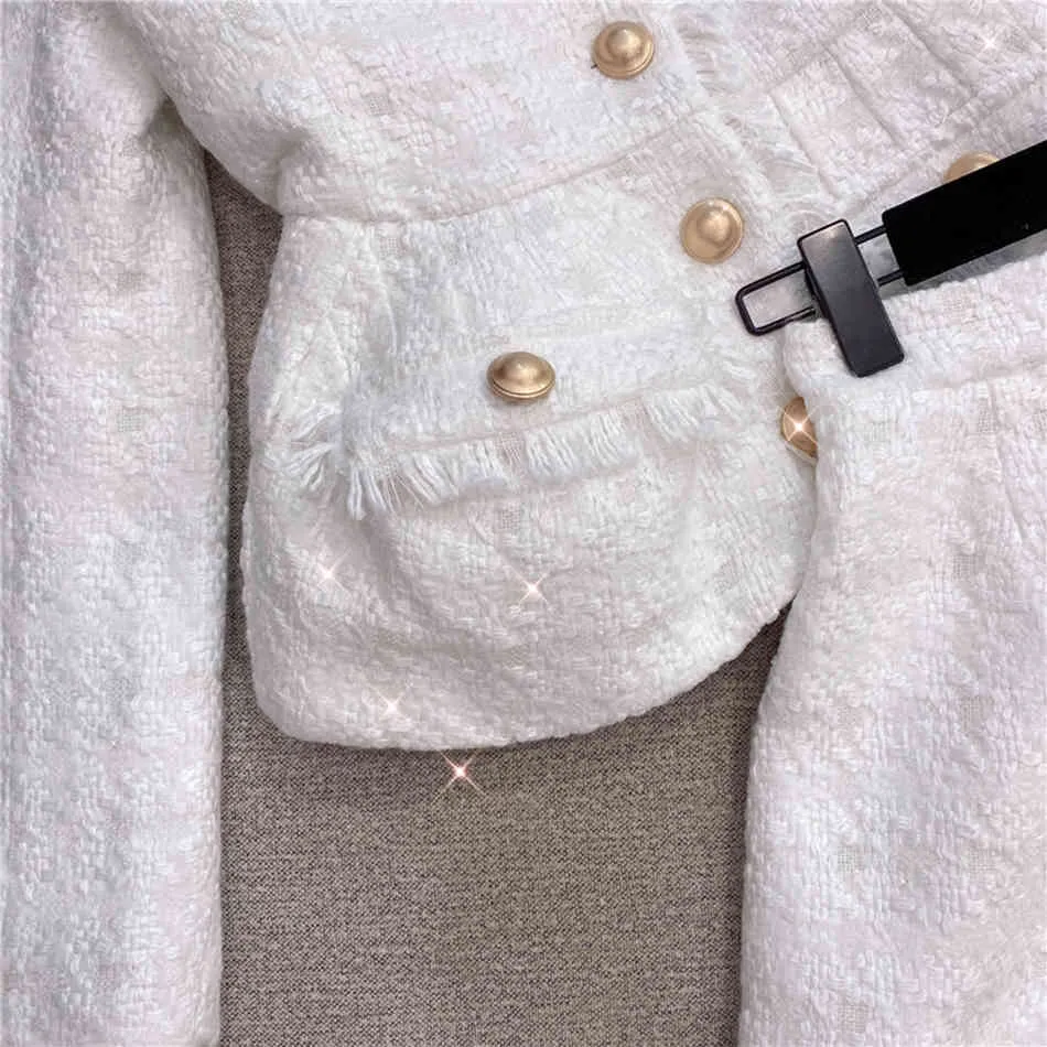 Free High Quality Designer Runway Suit Women's Gold Button Tweed Jacket Shorts Set White 210524