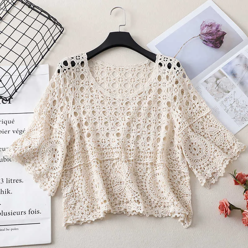 Five-point Sleeve O-neck Hollow Knitted Sweater Women Thin Loose Bat Sleeve Hollow Fashion Sweater Pullover Female Spring Summer 210604