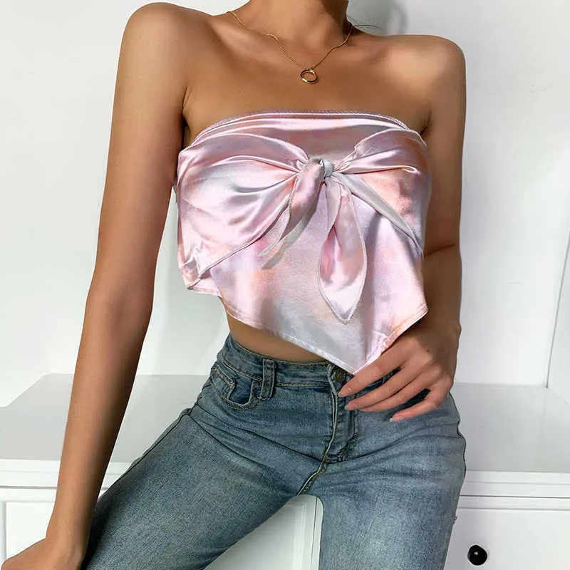 QuanRun Sexy Mode Femmes Solide Sans Manches Sans Bretelles Soutien-Gorge Bowknot Crop Top Casual Slim Streetwear Printemps Été 210604