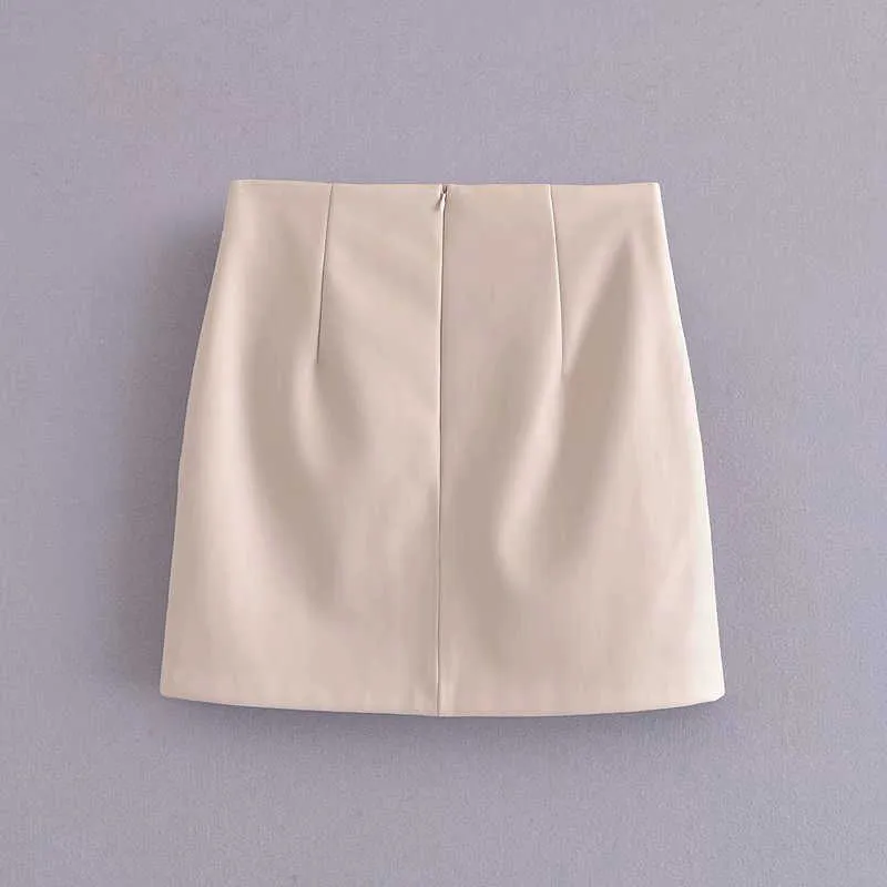 Za Pu Leather Mini Skirt Women Vintage High Waist Leatherette Spring Skirts Woman Fashion Side Slit Back Zip Fitted Skirts 210602