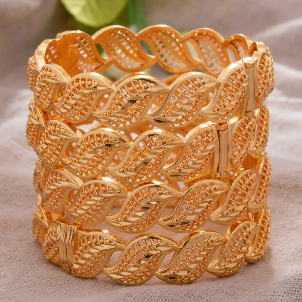 Luxury Dubai Gold Color Bangles for Women Girls African Bracelet Wedding Jewelry Bride Flower for Women Q0720