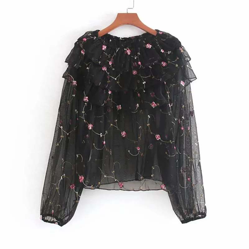 Autumn Sweet Floral Embroidery Ruffles Tops Women Blouses Long Sleeve See Through Sexy Shirts Blusas Mujer 210430